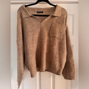 SHEIN Tan Collared V-Neck Pocket Sweater Size L